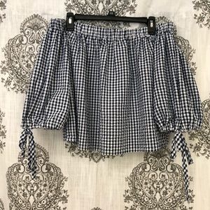 Off Shoulder Tie Sleeve Gingham Top